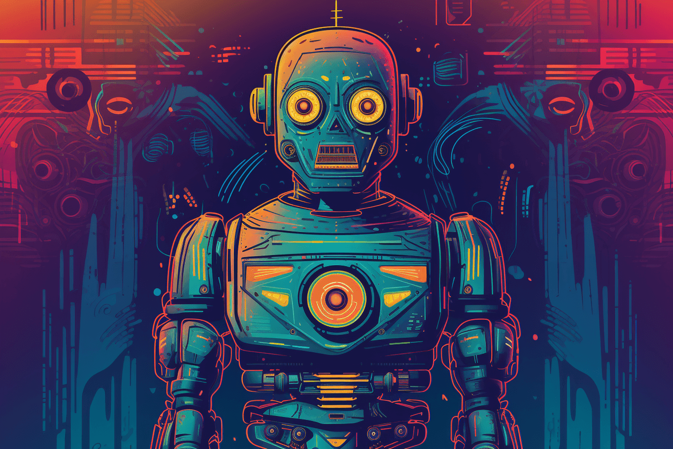 A retro-futuristic wallpaper featuring a vintage illustration of a robot, set against a neon-colored background.