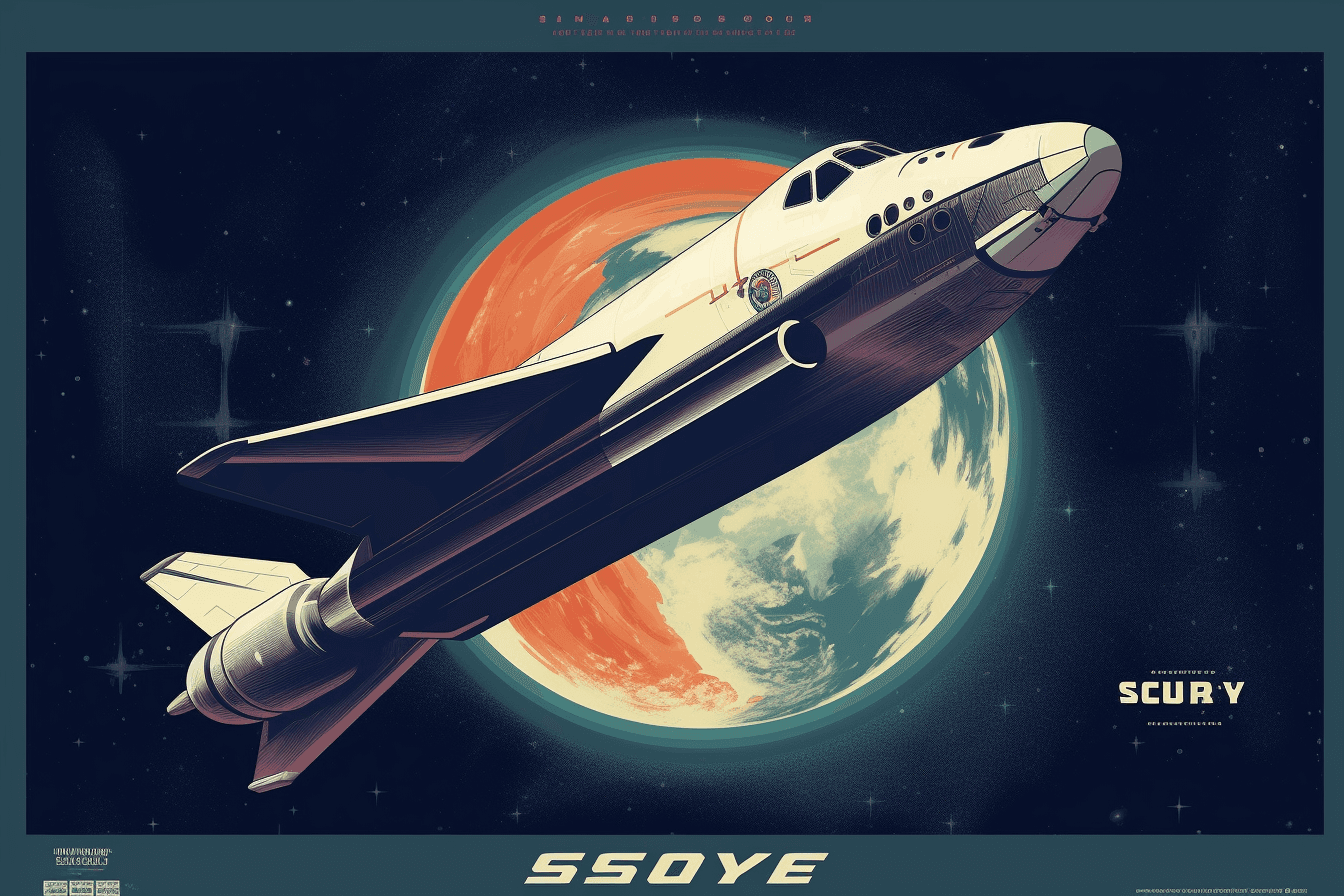 A retro poster-style image of a spaceship in orbit around Earth, with bold colors and typography.