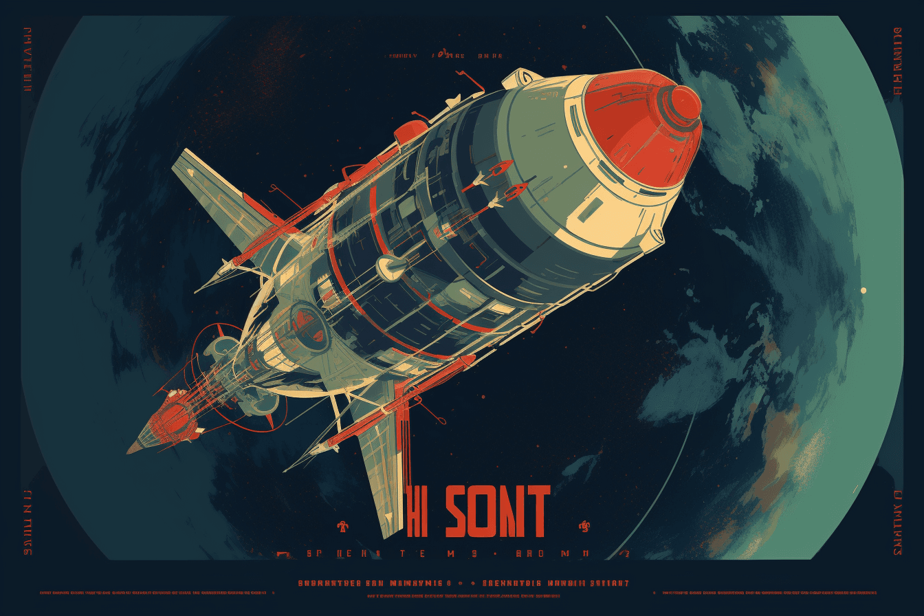 A retro poster-style image of a spaceship in orbit around Earth, with bold colors and typography.