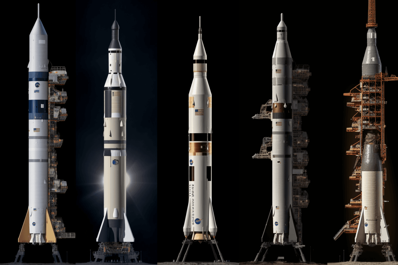 A series of images depicting the progression of space exploration, from early rockets to modern spacecraft.