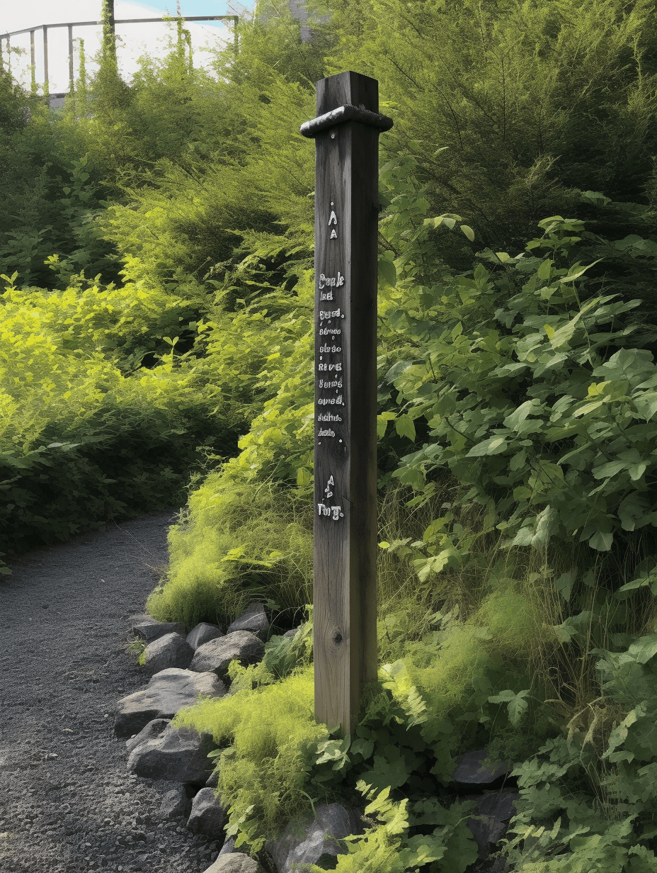 a sign on a wooden pole next to bushes, in the style of bibliographic anomalies, terragen, johannes jan schoonhoven, tyko sallinen, soggy, light green and dark gray, tatsuyuki tanaka