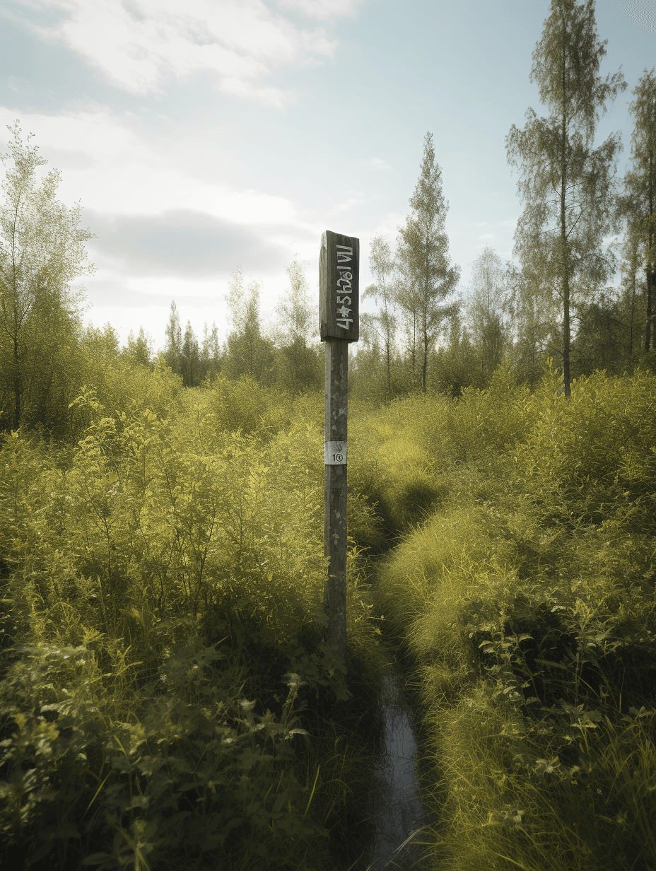 a sign on a wooden pole next to bushes, in the style of bibliographic anomalies, terragen, johannes jan schoonhoven, tyko sallinen, soggy, light green and dark gray, tatsuyuki tanaka