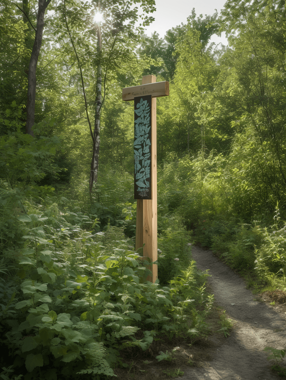 a sign on a wooden pole next to bushes, in the style of bibliographic anomalies, terragen, johannes jan schoonhoven, tyko sallinen, soggy, light green and dark gray, tatsuyuki tanaka