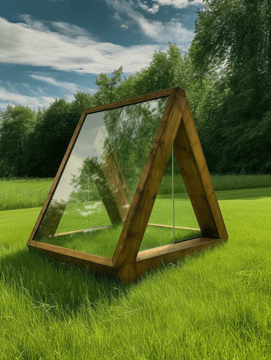 a small wooden tent against the green grass, in the style of glass fragments art, constantin brancusi, symmetrical balance, contemporary canadian art, security camera, elfriede lohse-wächtler, stone