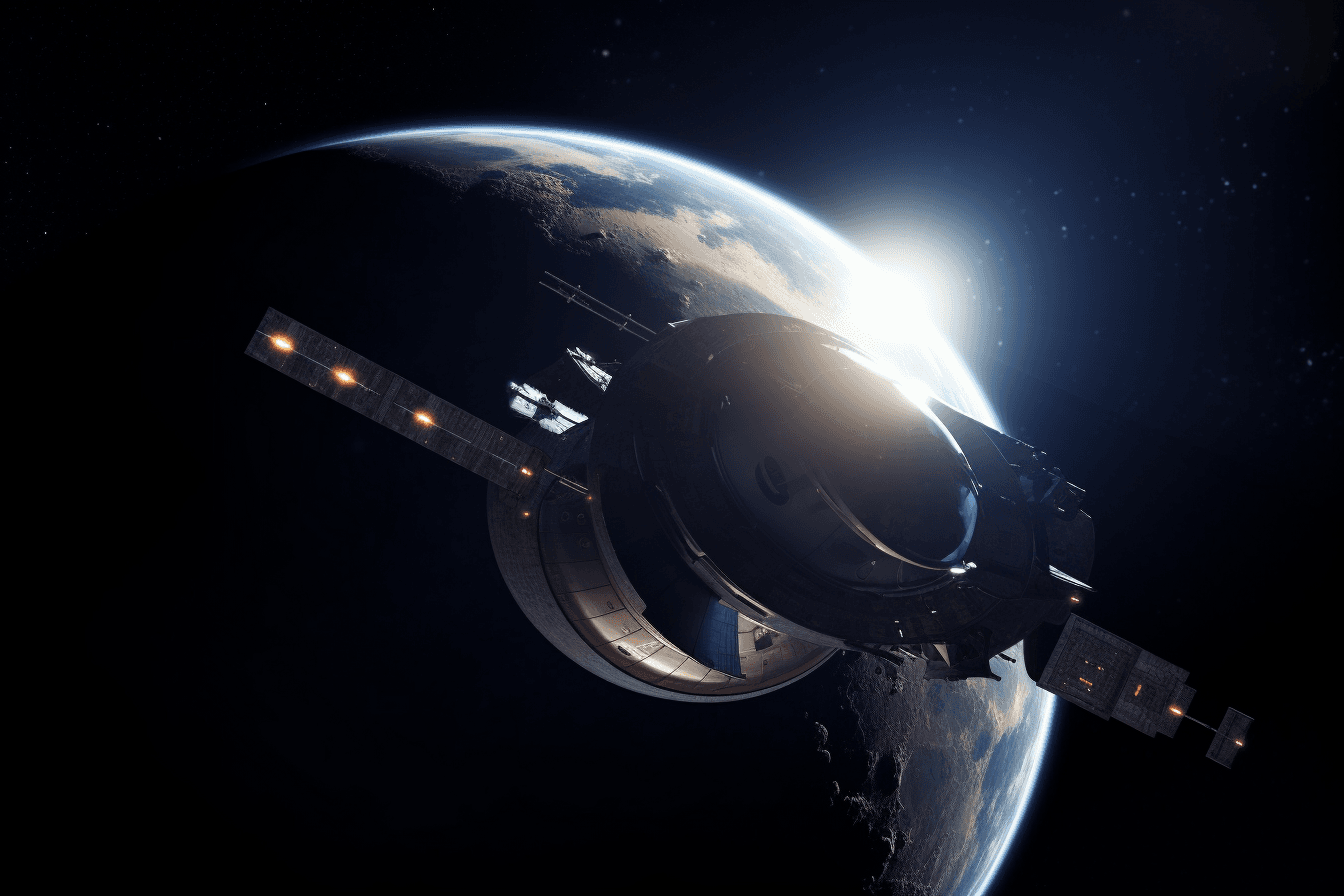 A stylized depiction of a spacecraft in orbit around a distant planet or moon, with dramatic lighting and shadows.