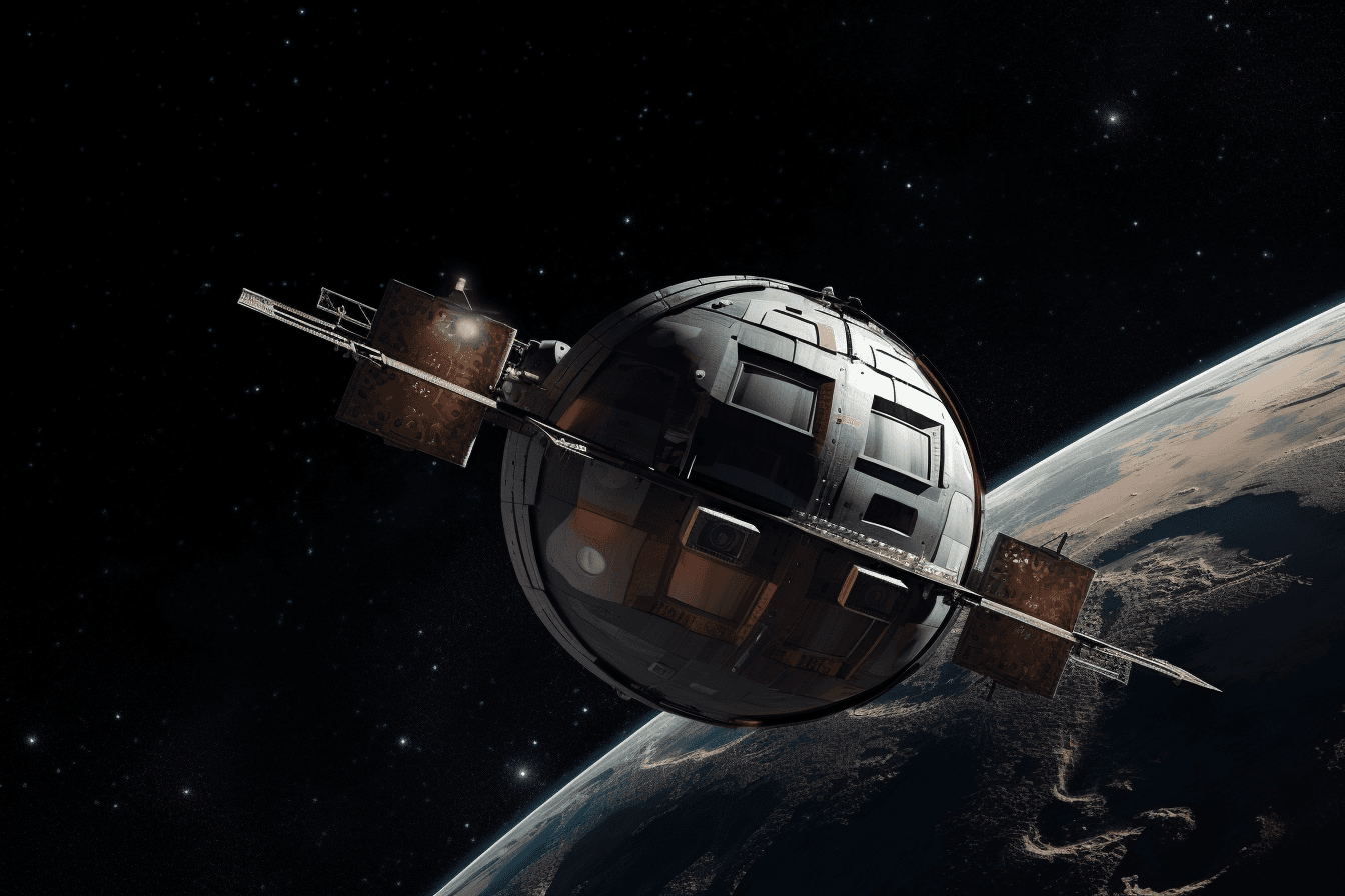 A stylized depiction of a spacecraft in orbit around a distant planet or moon, with dramatic lighting and shadows.