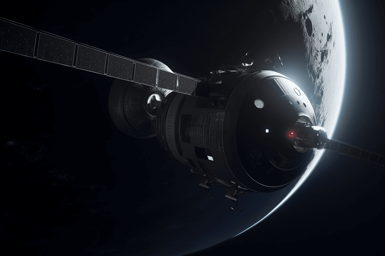 A stylized depiction of a spacecraft in orbit around a distant planet or moon, with dramatic lighting and shadows.