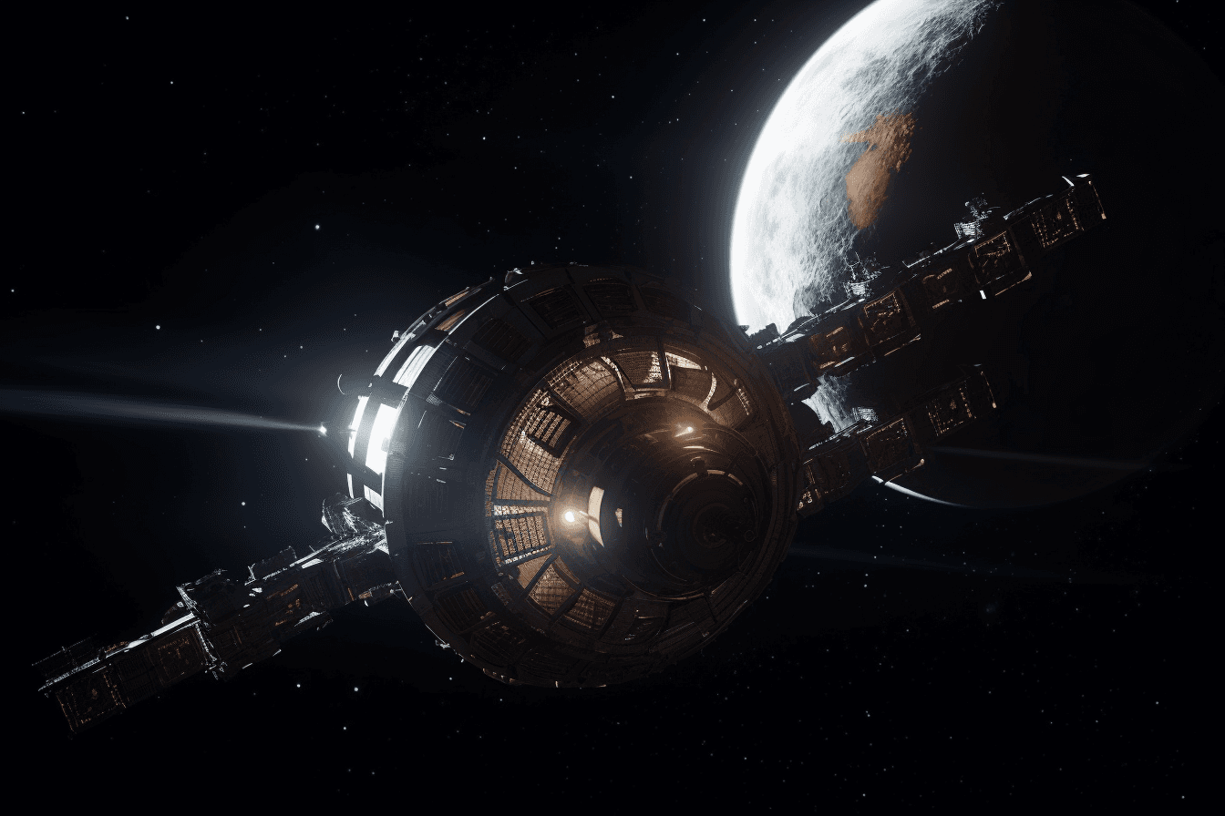 A stylized depiction of a spacecraft in orbit around a distant planet or moon, with dramatic lighting and shadows.