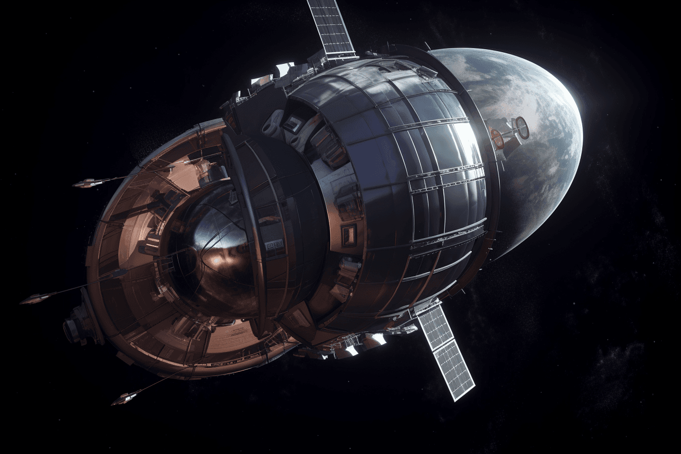 A stylized depiction of a spacecraft in orbit around a distant planet or moon, with dramatic lighting and shadows.