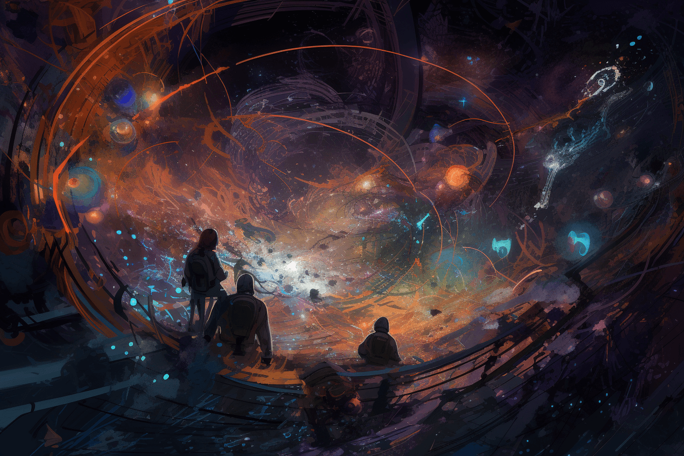 A team of AInauts and their AI companions conducting experiments on the edge of a black hole, with time and space warping around them.