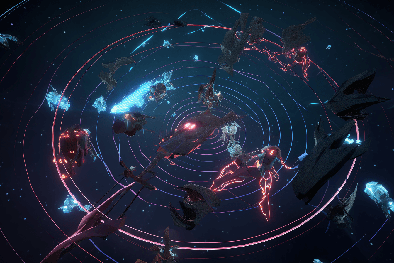 A team of AInauts and their AI companions conducting experiments on the edge of a black hole, with time and space warping around them.