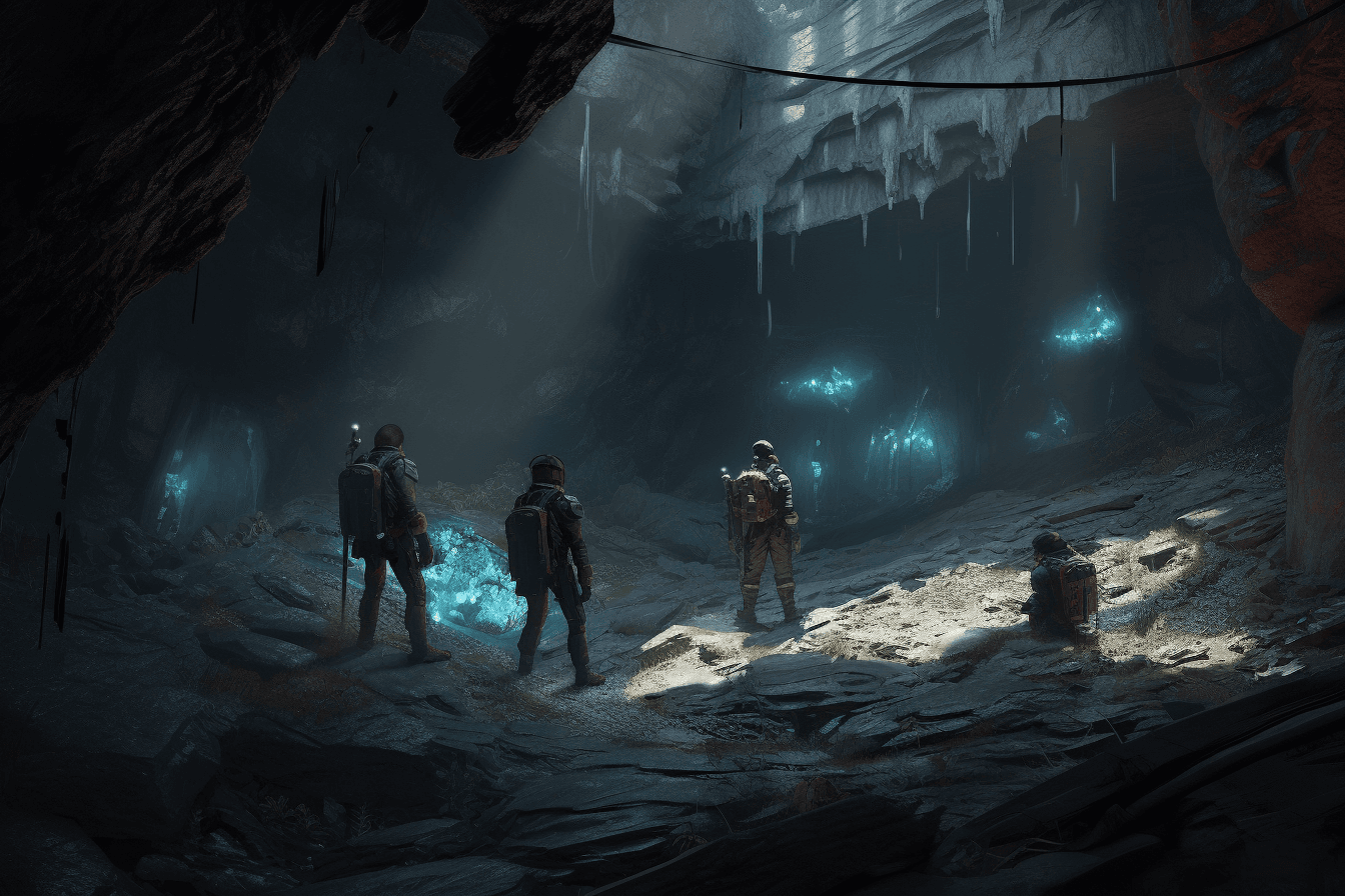 A team of AInauts and their AI companions exploring a massive, underground cave system on a distant planet.