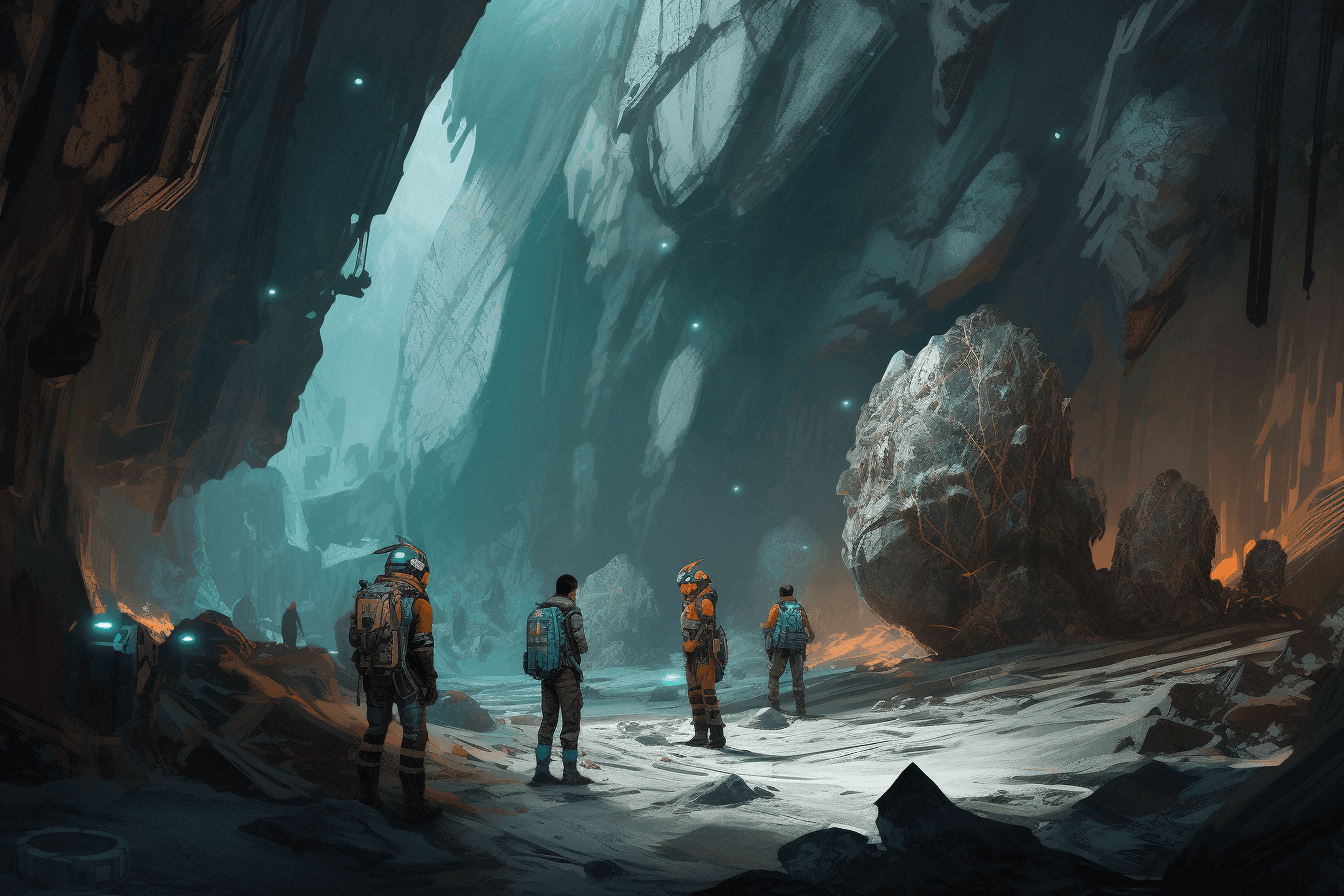 A team of AInauts and their AI companions exploring a massive, underground cave system on a distant planet.