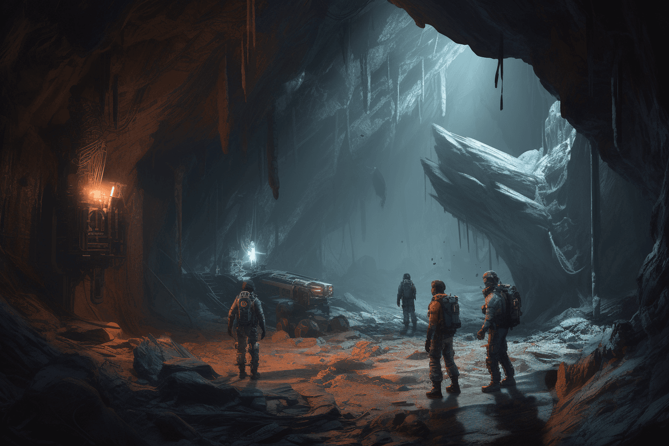 A team of AInauts and their AI companions exploring a massive, underground cave system on a distant planet.