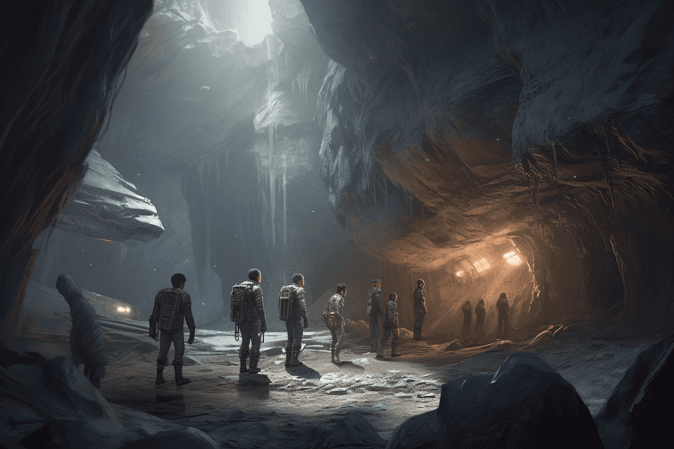 A team of AInauts and their AI companions exploring a massive, underground cave system on a distant planet.