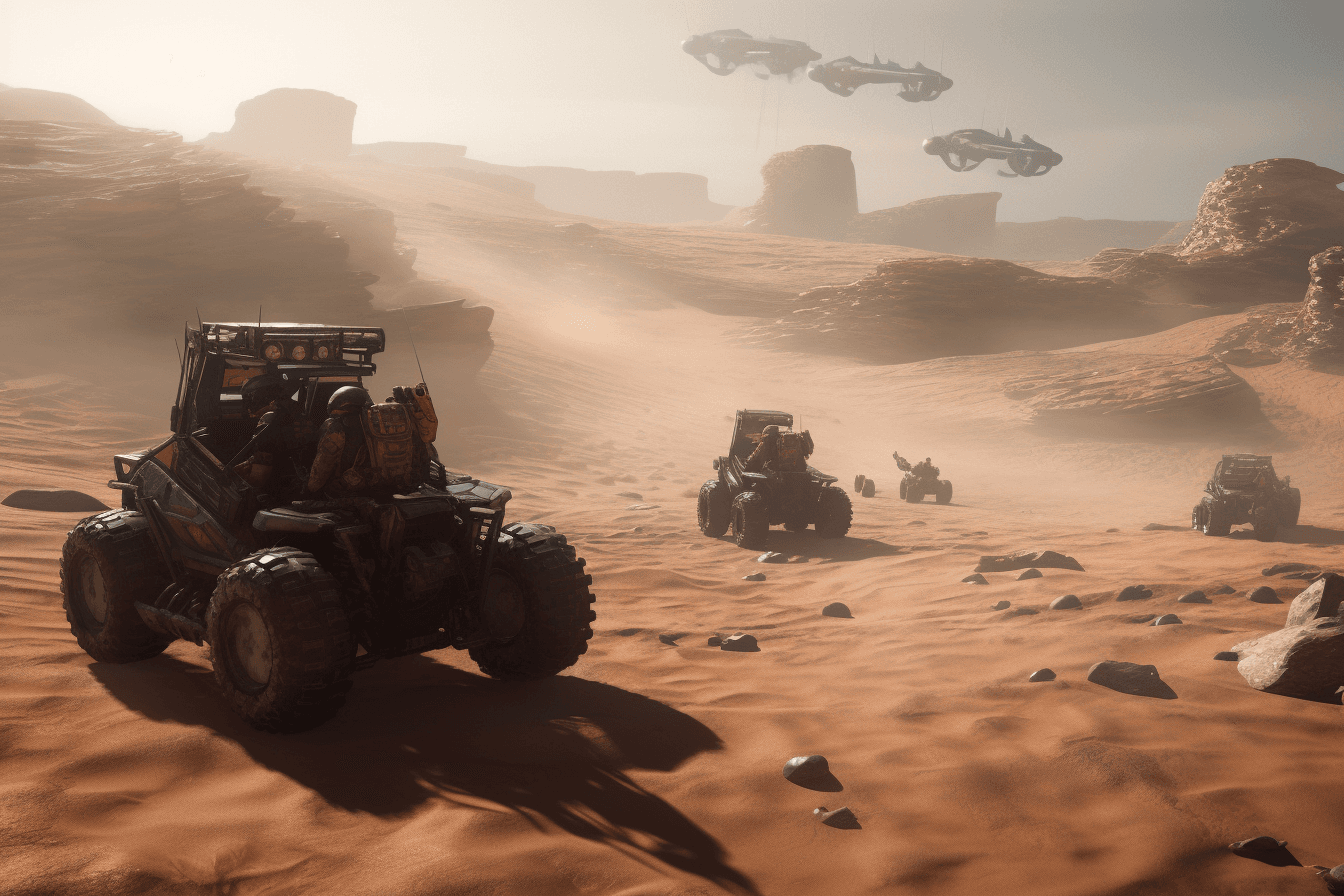 A team of AInauts and their AI companions racing across the surface of a desert planet in high-tech buggies.