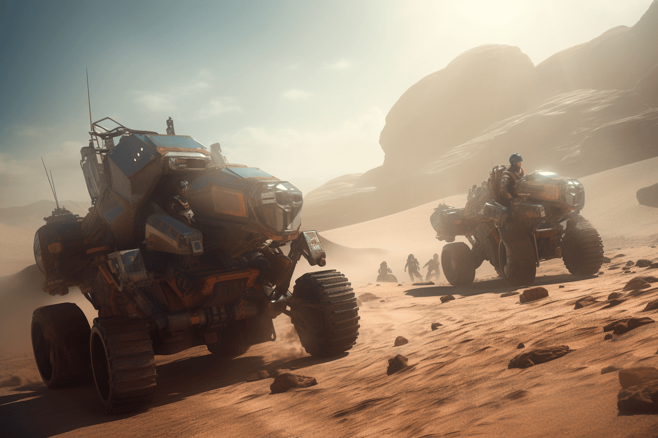 A team of AInauts and their AI companions racing across the surface of a desert planet in high-tech buggies.