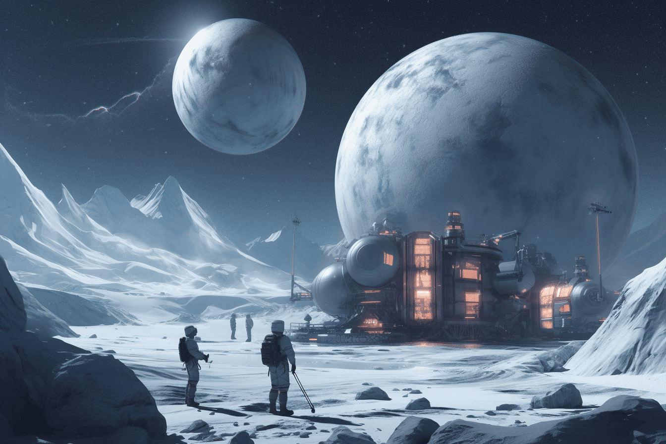 A team of AInauts conducting experiments on a massive, frozen moon orbiting a gas giant planet.