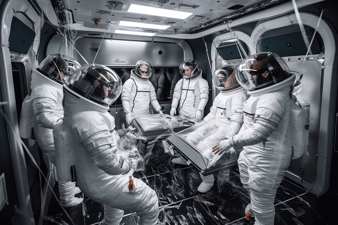 A team of AInauts in a zero-gravity chamber conducting experiments on the effects of AI on the human body.