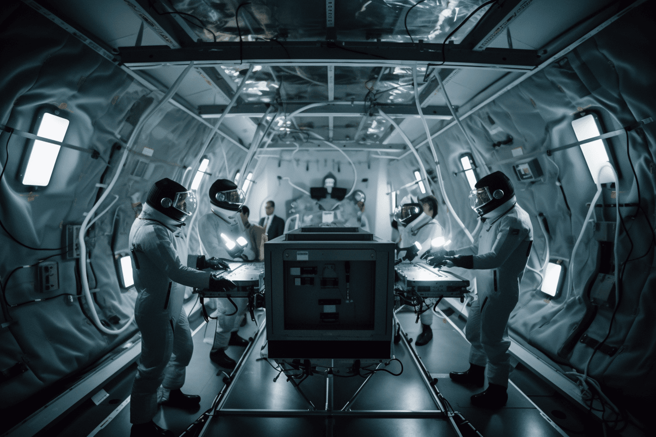 A team of AInauts in a zero-gravity chamber conducting experiments on the effects of AI on the human body.