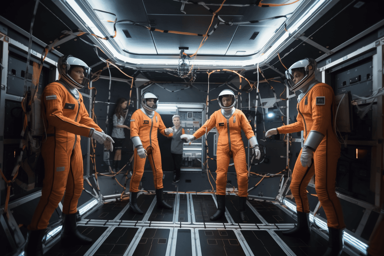 A team of AInauts in a zero-gravity chamber conducting experiments on the effects of AI on the human body.