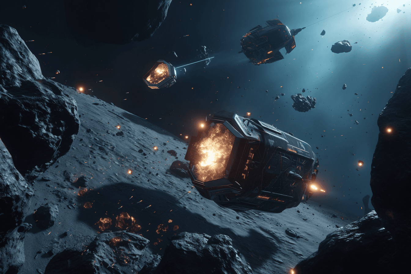 A team of AInauts piloting a small spacecraft through a dangerous asteroid field, with debris flying all around them.