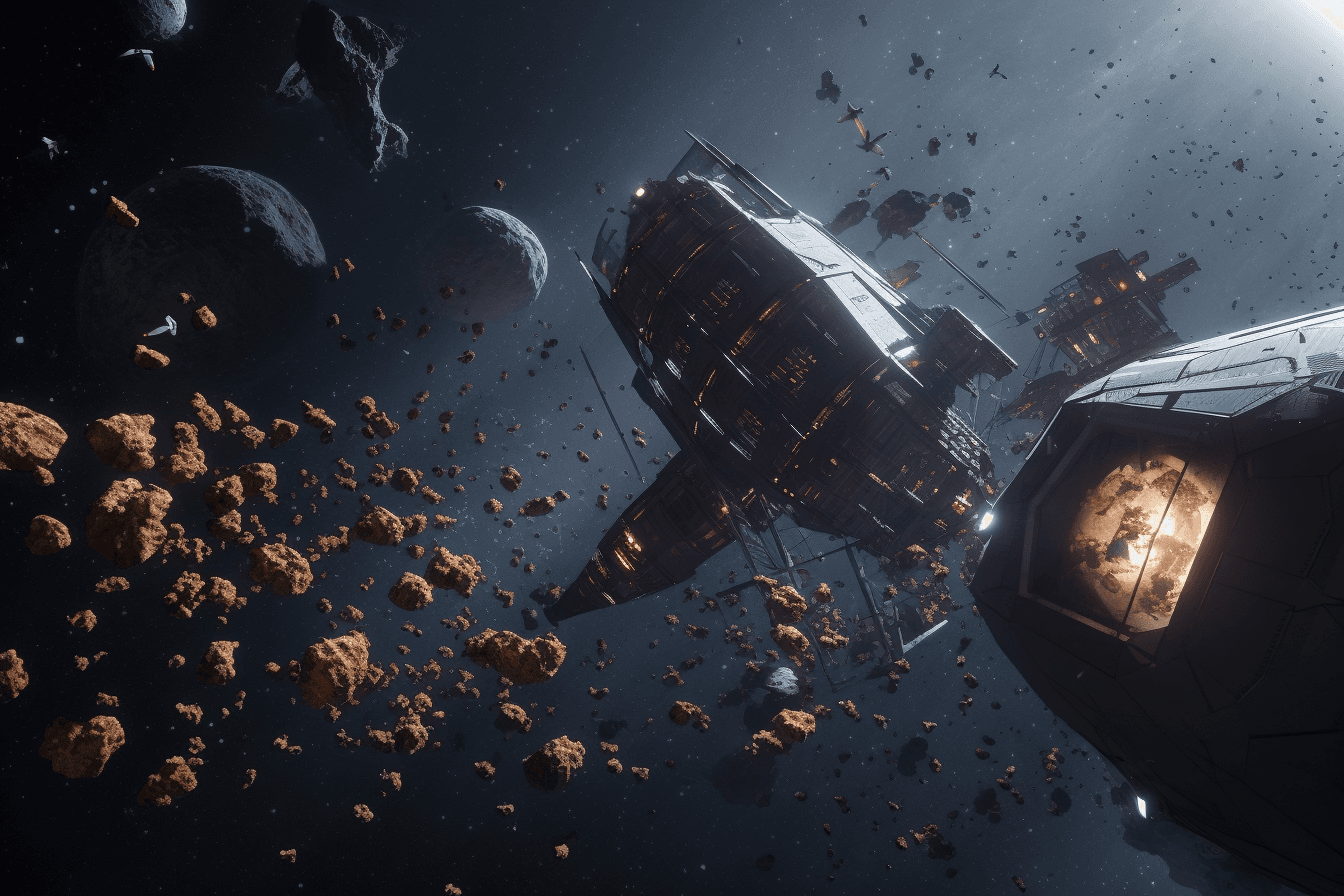 A team of AInauts piloting a small spacecraft through a dangerous asteroid field, with debris flying all around them.