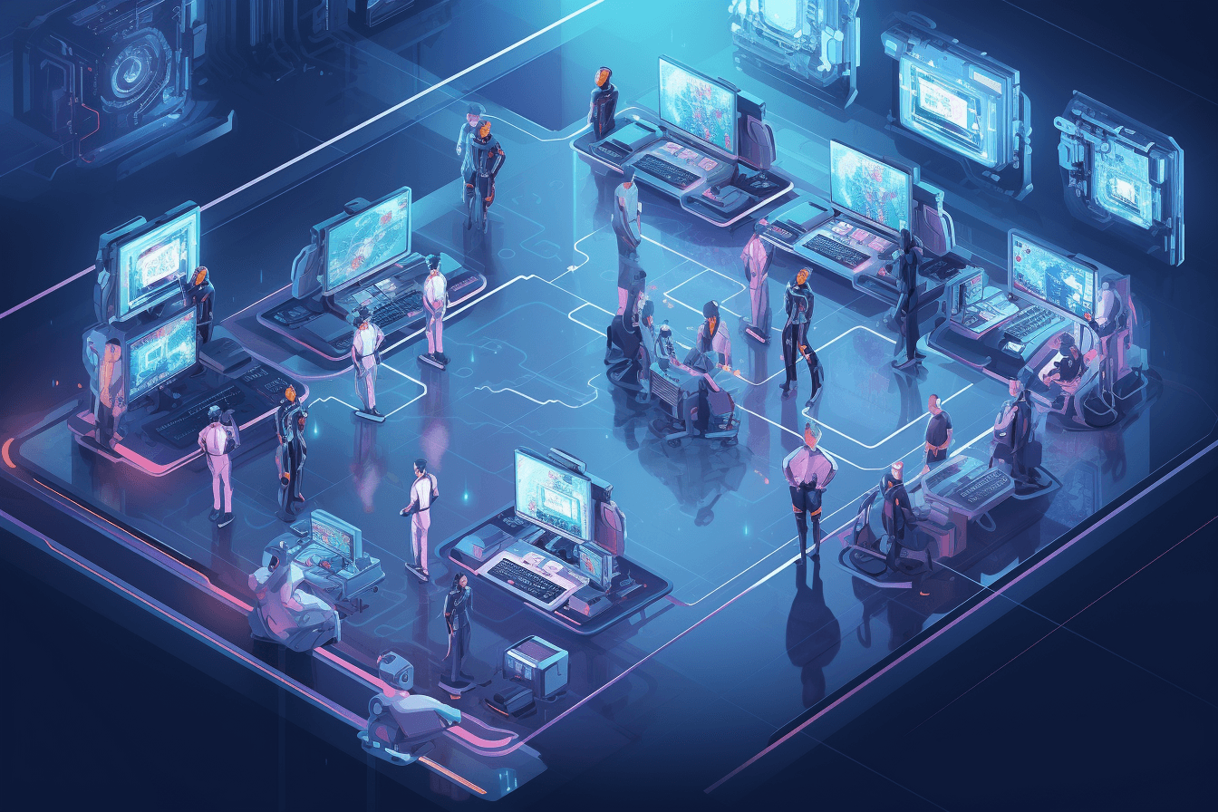 A team of AInauts working tirelessly in a massive AI factory, creating new and innovative technologies for the future.