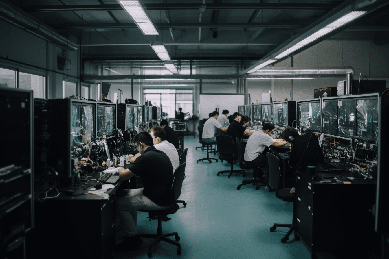 A team of AInauts working tirelessly in a massive AI factory, creating new and innovative technologies for the future.