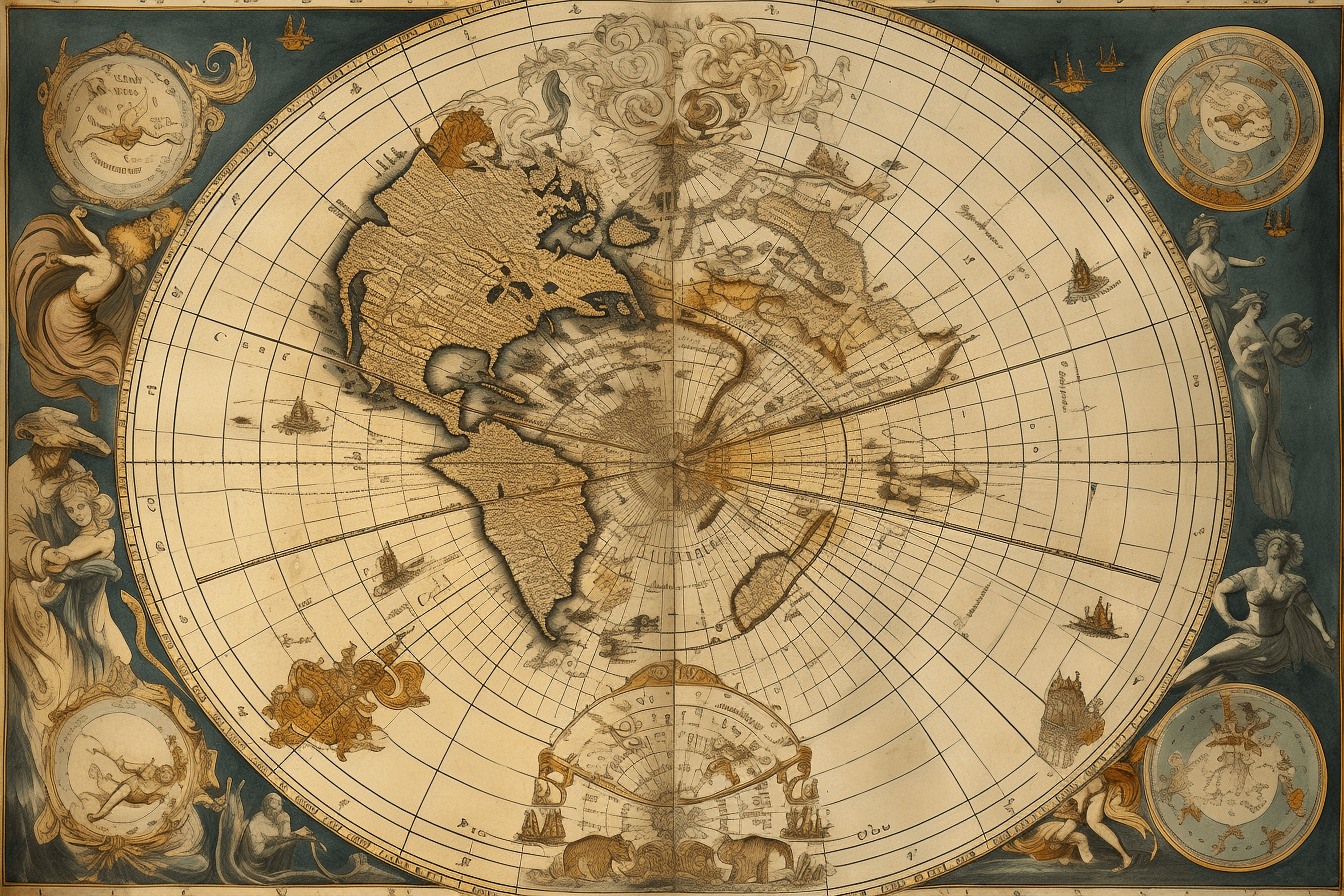 A vintage map of the stars and constellations, with detailed illustrations of spacecraft and celestial bodies.