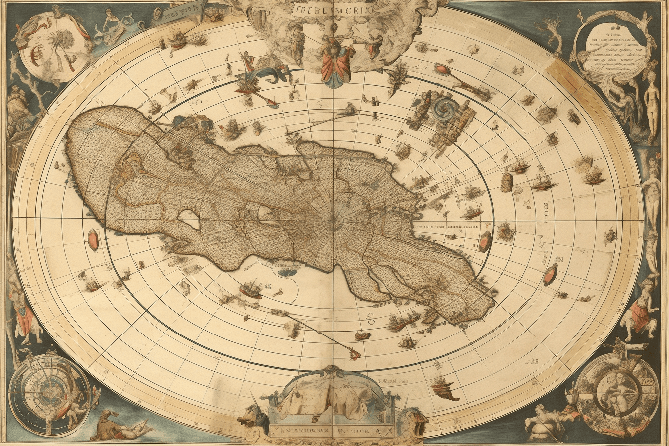 A vintage map of the stars and constellations, with detailed illustrations of spacecraft and celestial bodies.