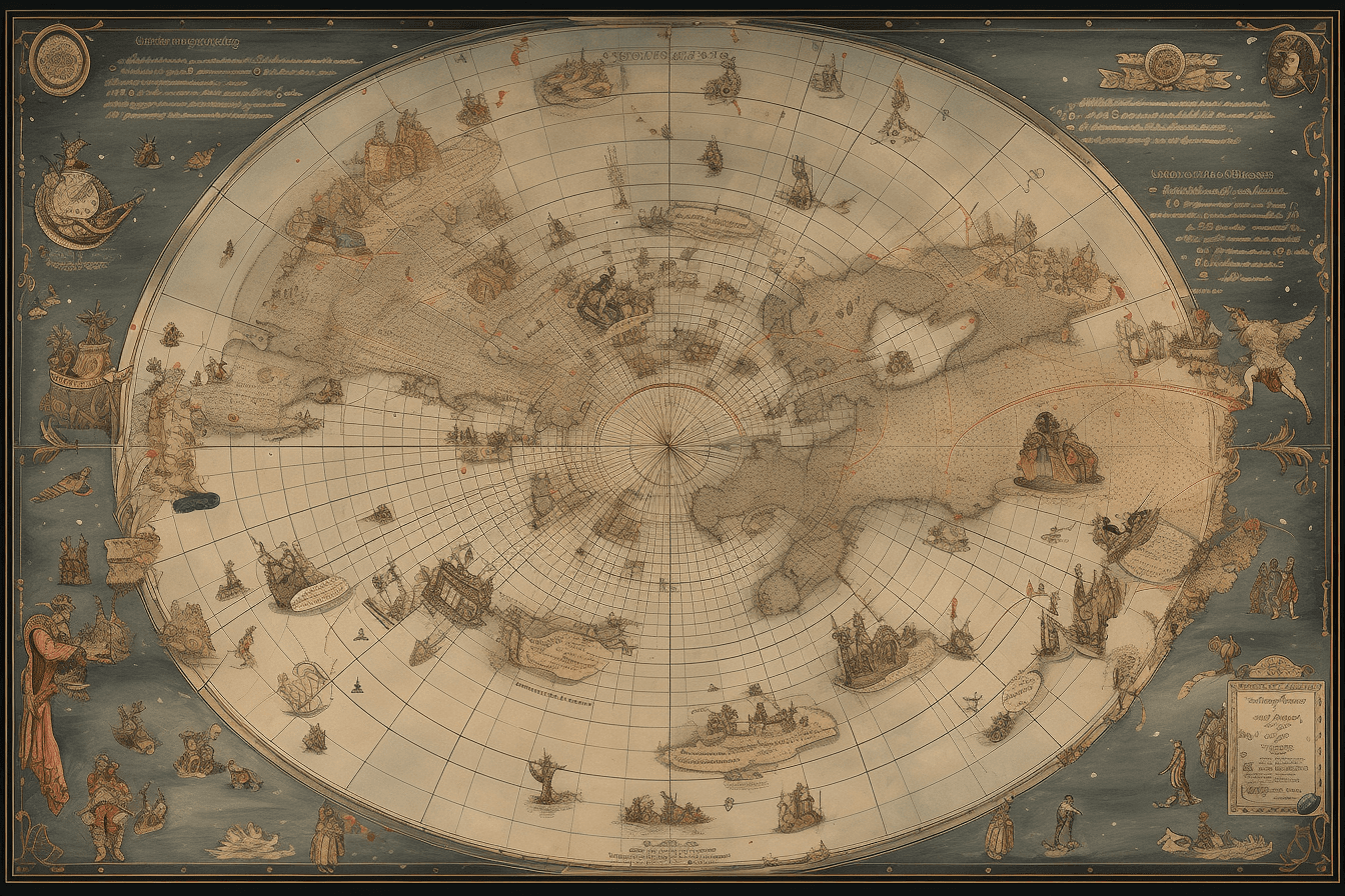 A vintage map of the stars and constellations, with detailed illustrations of spacecraft and celestial bodies.