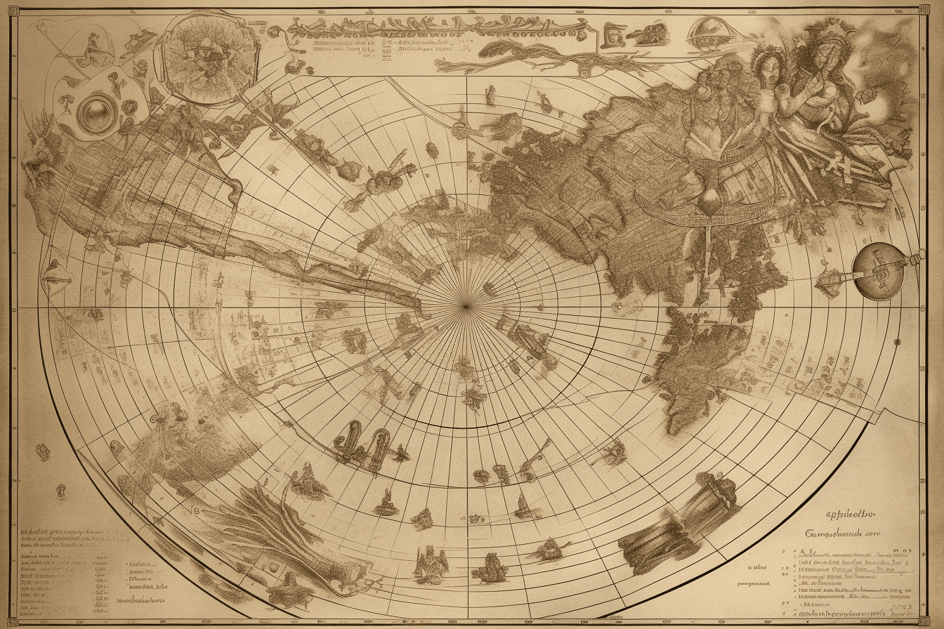 A vintage map of the stars and constellations, with detailed illustrations of spacecraft and celestial bodies.