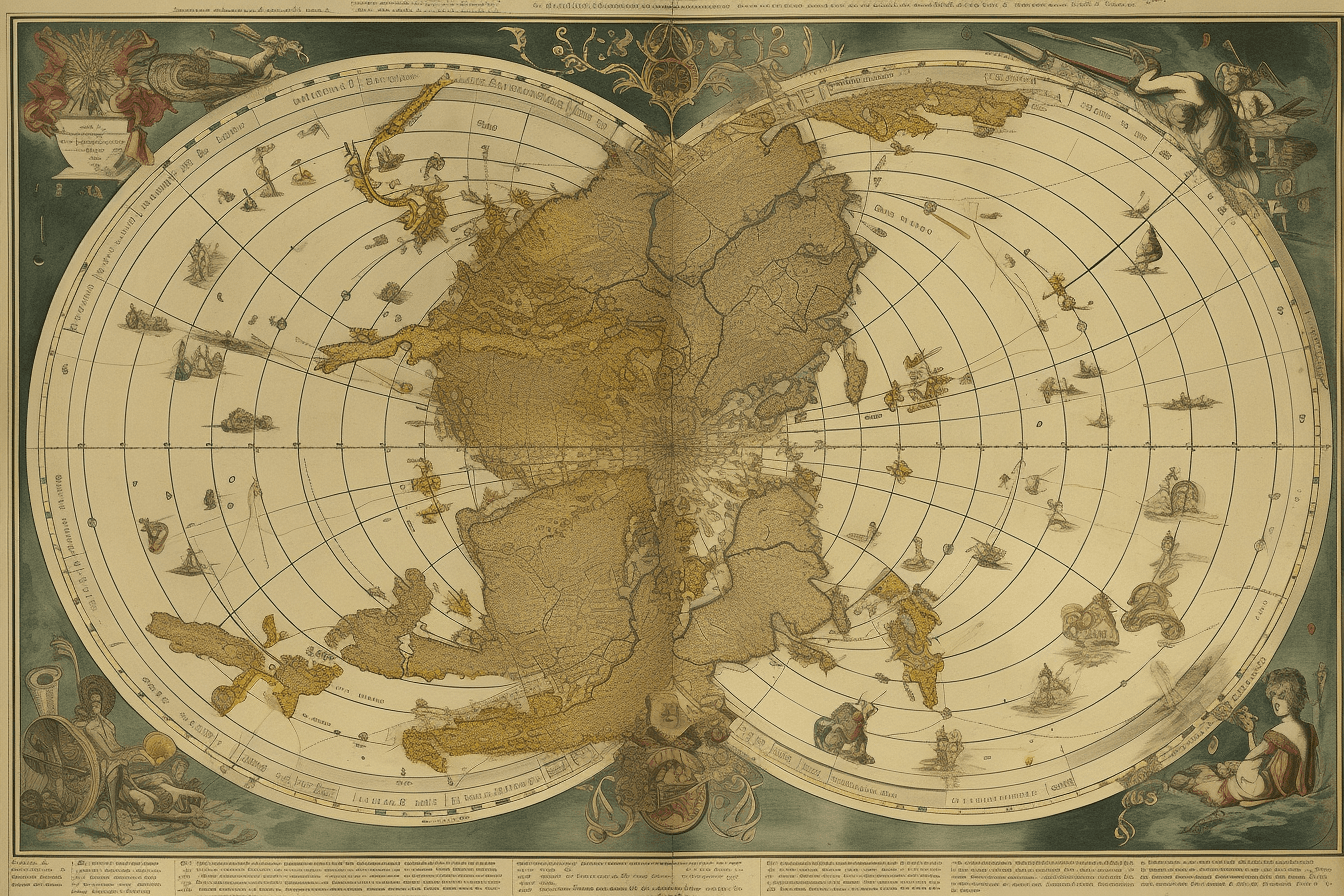 A vintage map of the stars and constellations, with detailed illustrations of spacecraft and celestial bodies.