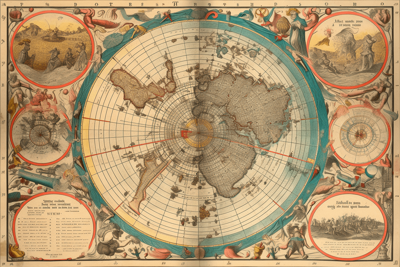 A vintage map of the stars and constellations, with detailed illustrations of spacecraft and celestial bodies.