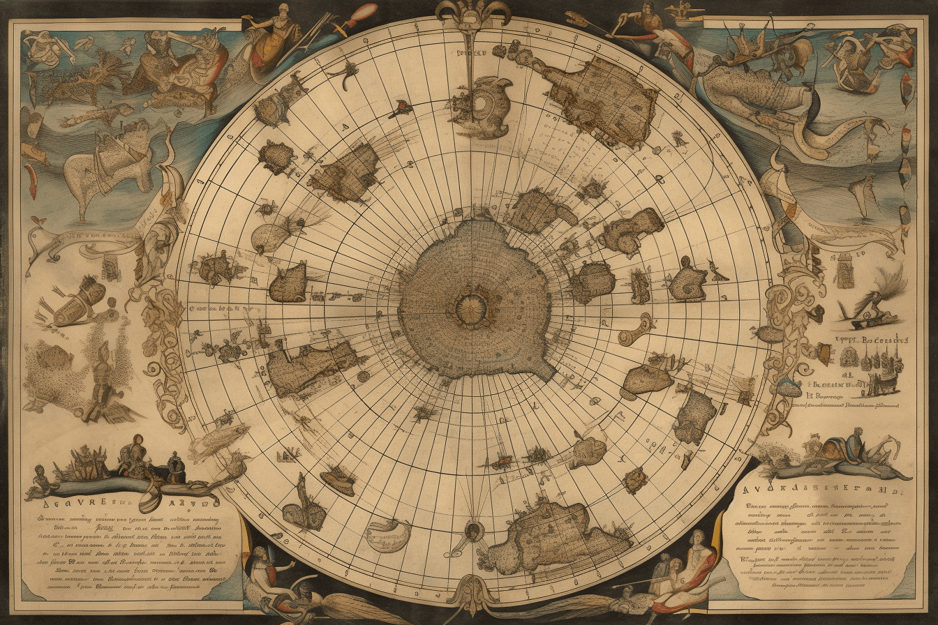 A vintage map of the stars and constellations, with detailed illustrations of spacecraft and celestial bodies.