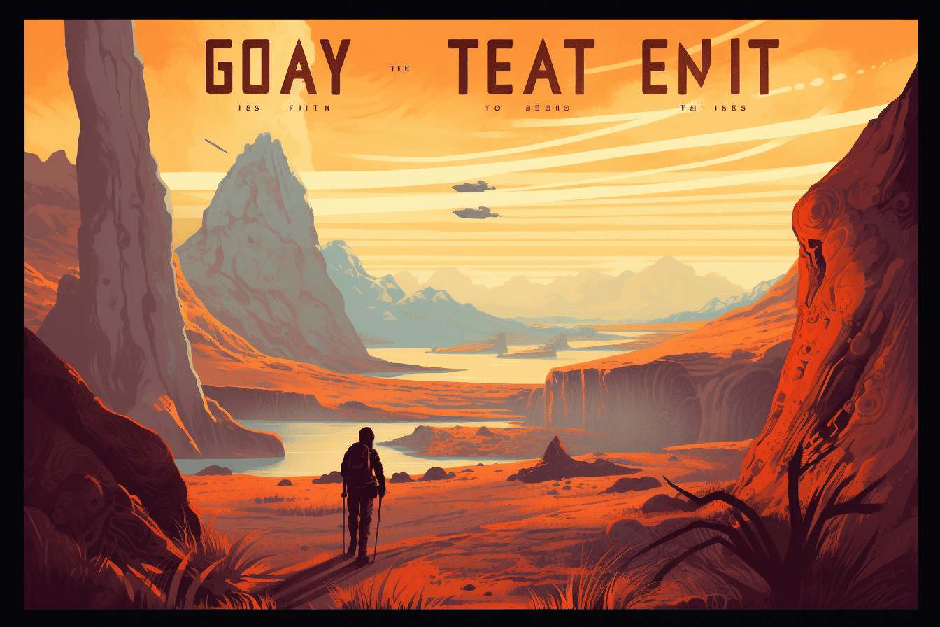 A vintage-style travel poster of a distant planet, with bold typography and an artistic rendering of the landscape.