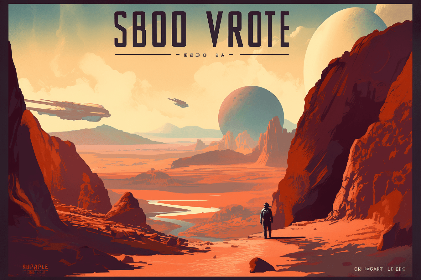 A vintage-style travel poster of a distant planet, with bold typography and an artistic rendering of the landscape.