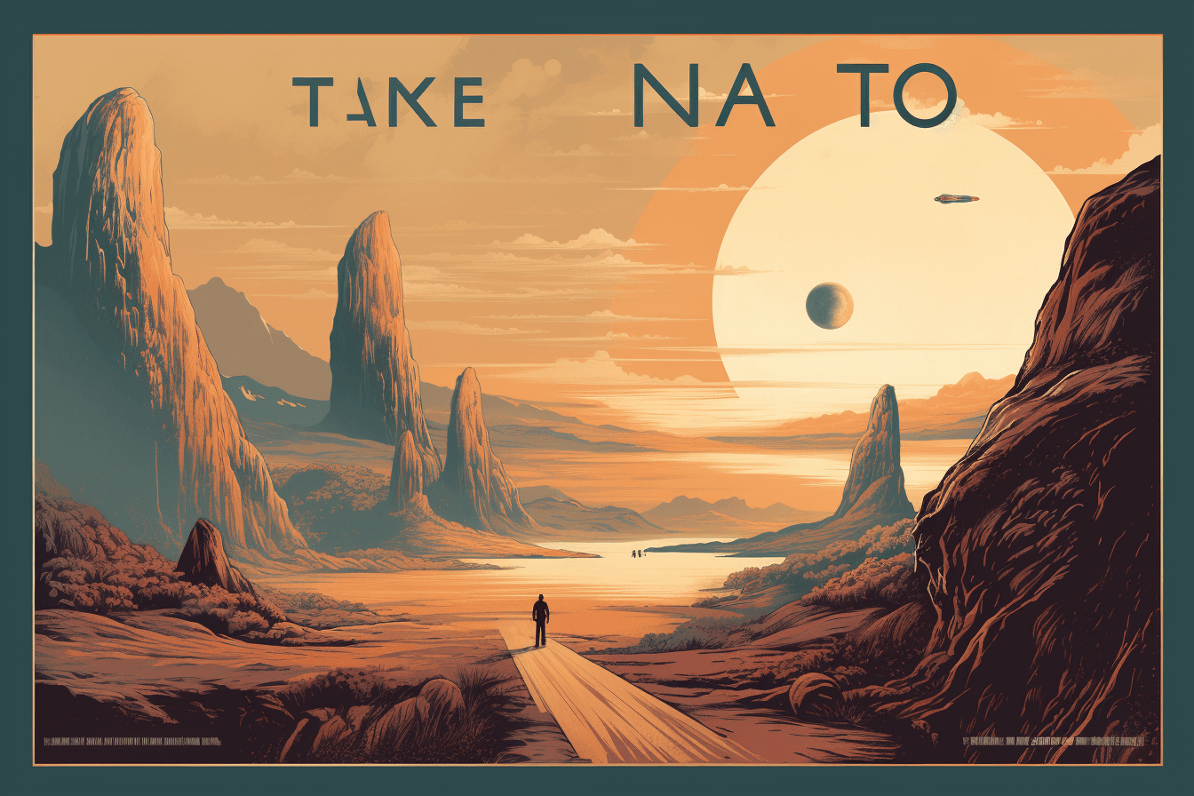 A vintage-style travel poster of a distant planet, with bold typography and an artistic rendering of the landscape.