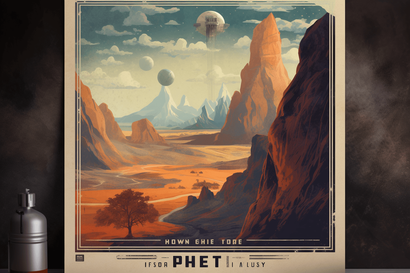 A vintage-style travel poster of a distant planet, with bold typography and an artistic rendering of the landscape.