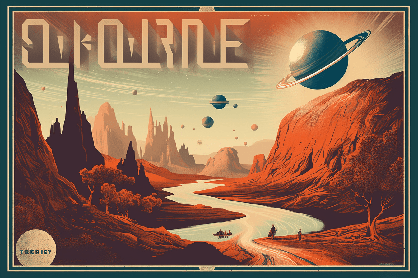 A vintage-style travel poster of a distant planet, with bold typography and an artistic rendering of the landscape.