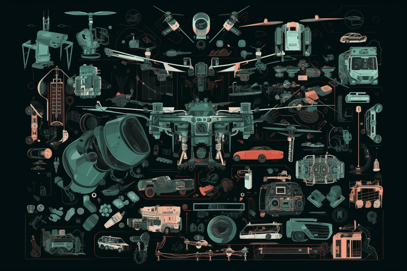 A wallpaper featuring a collage of futuristic technology such as drones, robots, and smart devices, set against a black background.