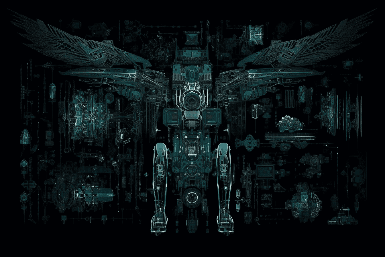 A wallpaper featuring a collage of futuristic technology such as drones, robots, and smart devices, set against a black background.