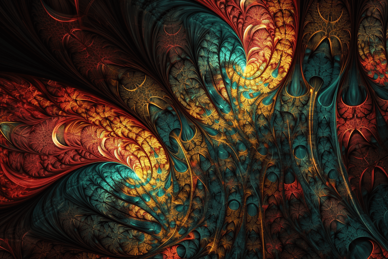 A wallpaper featuring a colorful fractal pattern, with intricate lines and bold colors.