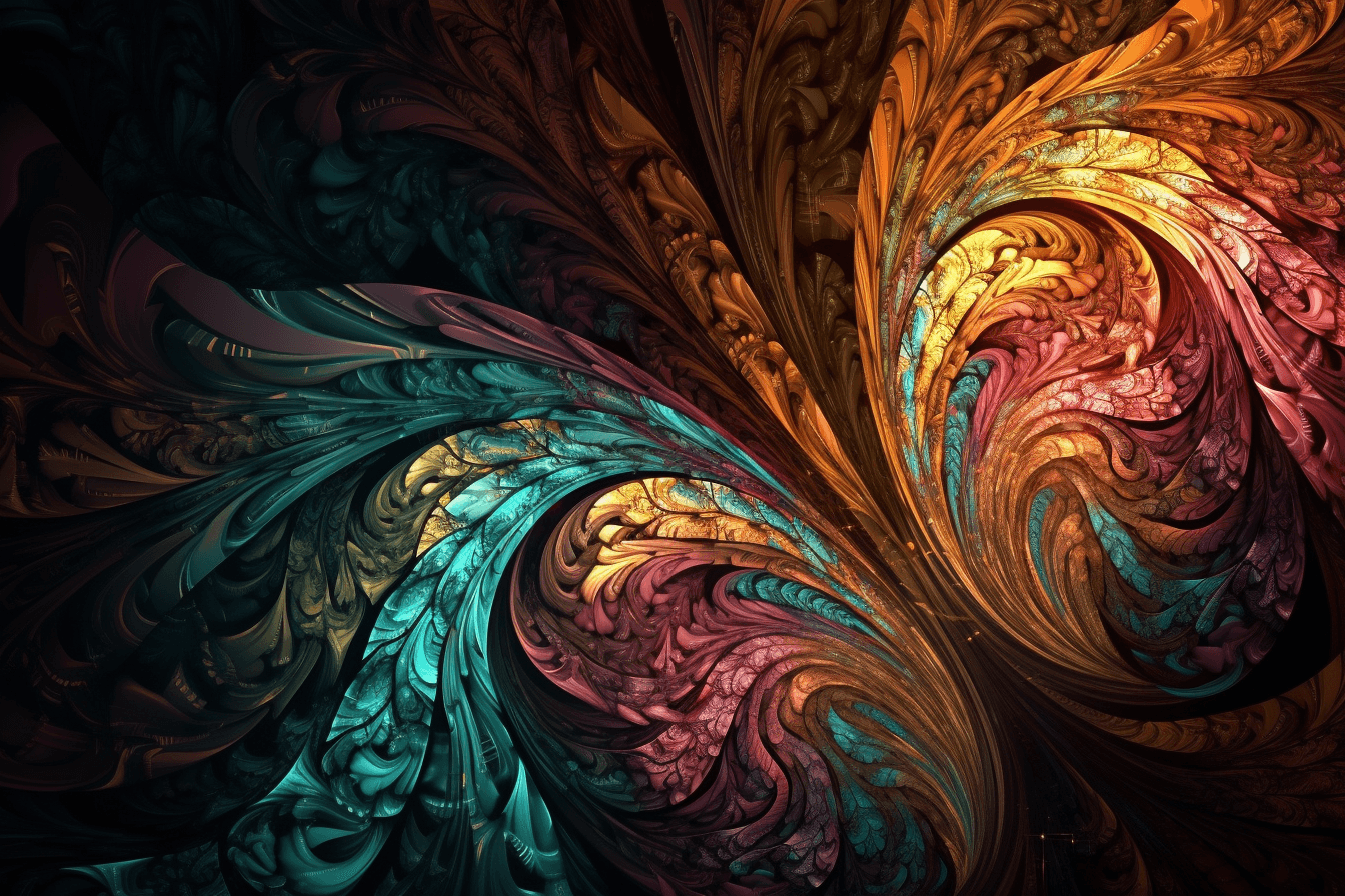 A wallpaper featuring a colorful fractal pattern, with intricate lines and bold colors.