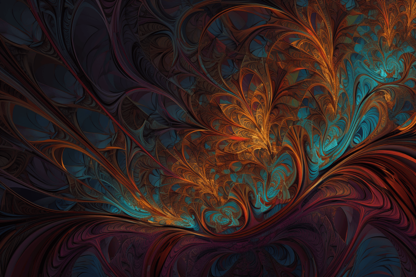 A wallpaper featuring a colorful fractal pattern, with intricate lines and bold colors.