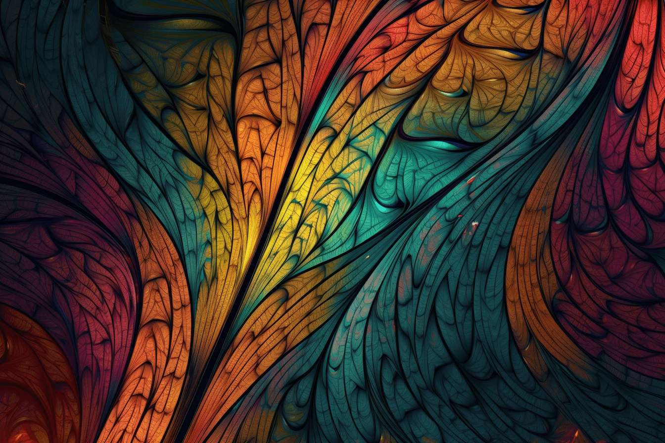 A wallpaper featuring a colorful fractal pattern, with intricate lines and bold colors.