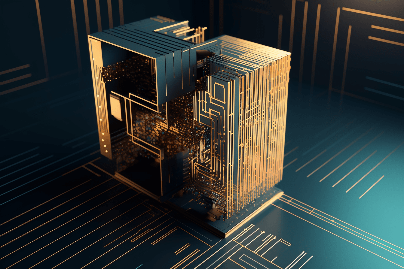 A wallpaper featuring a digital rendering of a quantum computer, with a minimalist color scheme and geometric lines.