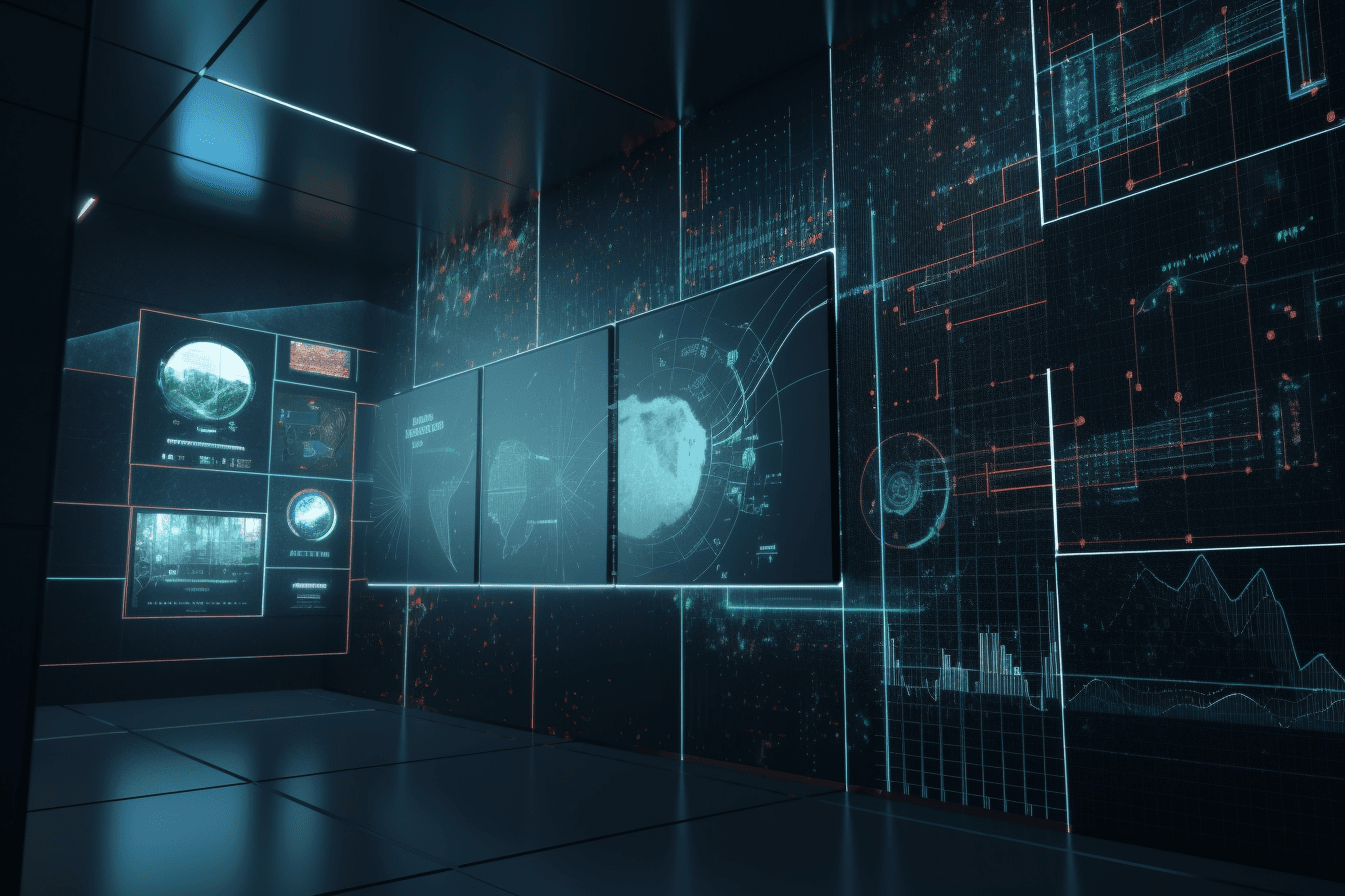 A wallpaper featuring a matrix of futuristic data visualizations and graphs