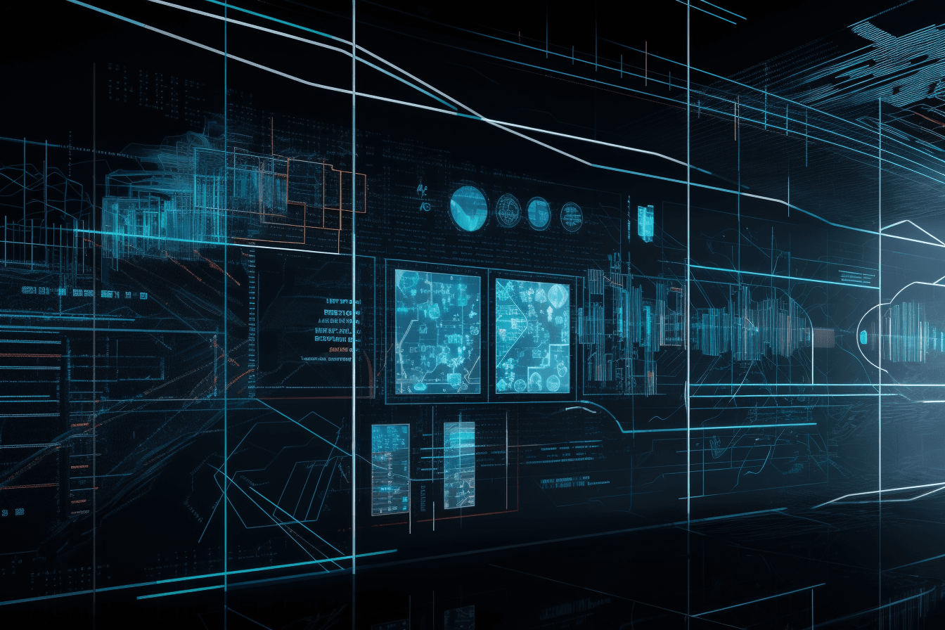 A wallpaper featuring a matrix of futuristic data visualizations and graphs